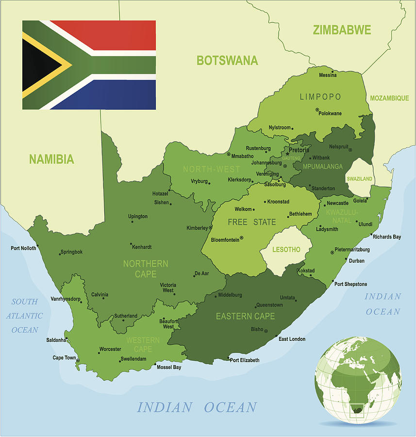 Green Map of South Africa - states, cities and flag Drawing by Pop_jop