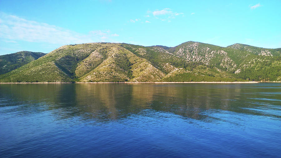 Green Mountains with Mirror Reflection in Blue Sea Water, Hvar Panorama Photograph by Aneta Soukalova