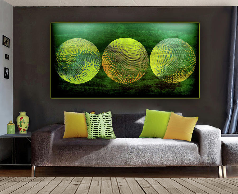 Abstract Digital Art - Green Mystical Spheres -- Artwork in Situ by Grace Iradian