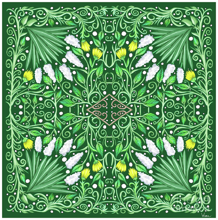 Green on Green Floral Design with White and Yellow Flowers Mixed Media by Lise Winne