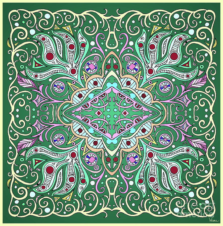 Green Ornate Symmetrical Design with Diamond Mixed Media by Lise Winne