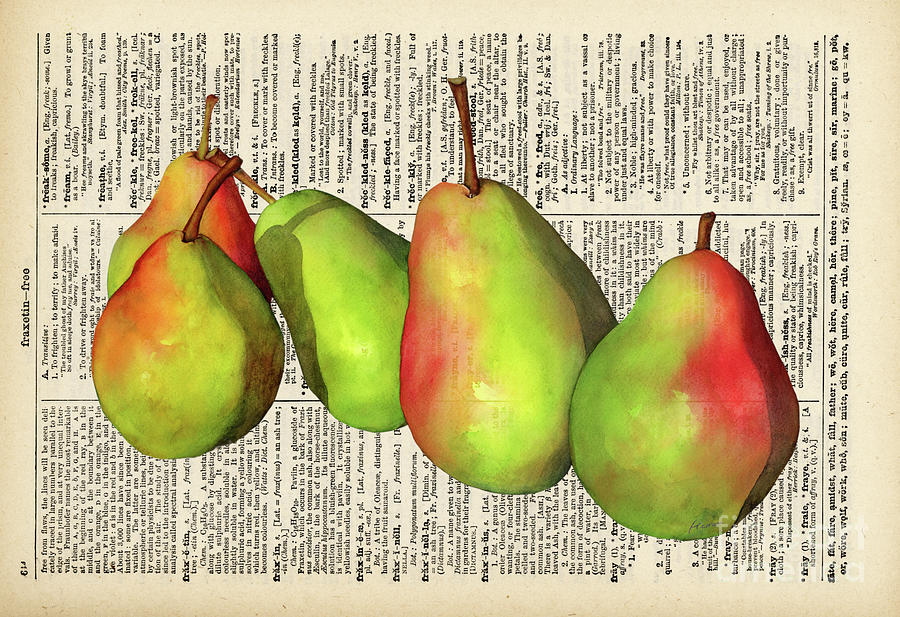 Green Pears On Vintage Dictionary Painting