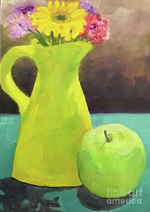 Green Pitcher and Apple Painting by Anne Marie Brown