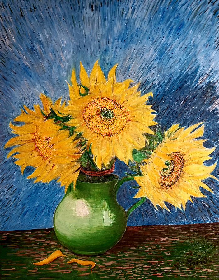 Green Pitcher With Three Sunflowers Painting
