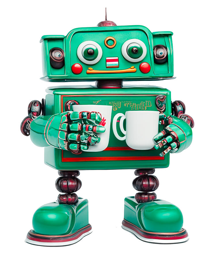 Green robot holding 2 coffee cups 2 Digital Art by David Smith