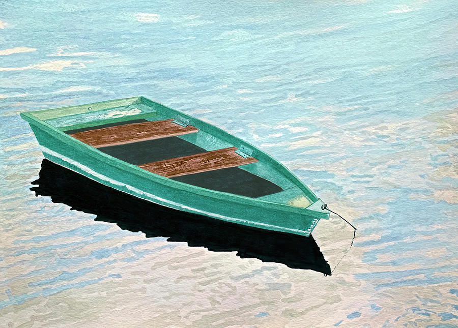 Green Rowboat On Rippled Water Painting by Deborah League