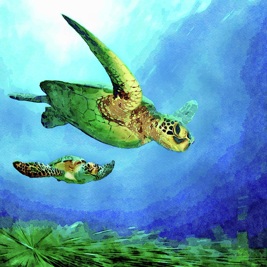 Green Sea Turtles Painting by Russ Harris