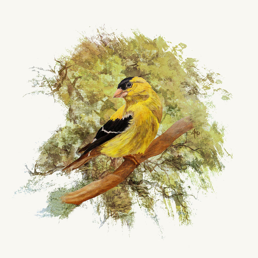 Green Shades Goldfinch Painting by Angeles M Pomata