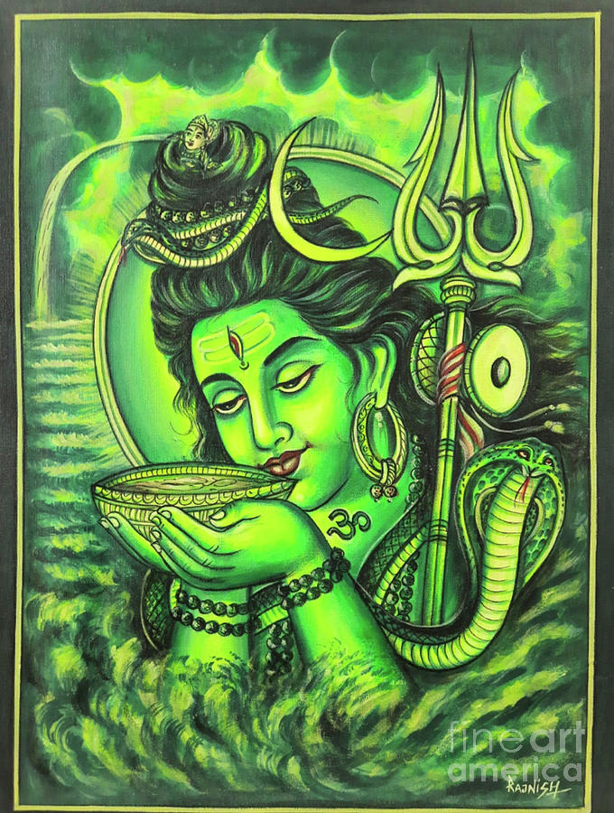 green Shiva drinking poison painting on canvas Painting by Manish Vaishnav