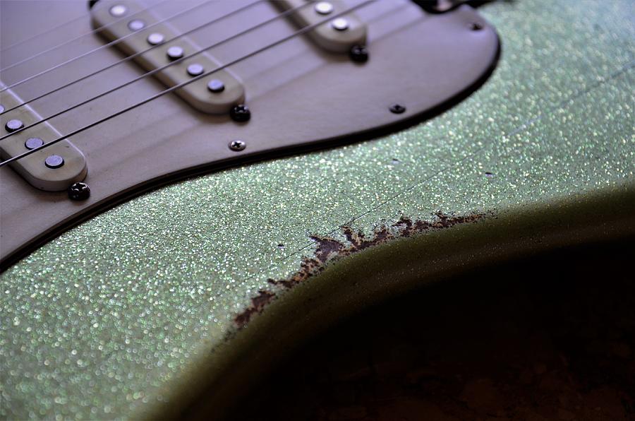Green Sparkle Aged Relic  Guitar in Sunlight Photograph by Guitarwacky Fine Art
