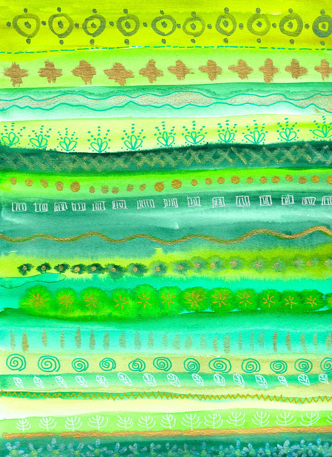 Green Stripes with Metallics Painting by Marcy Brennan