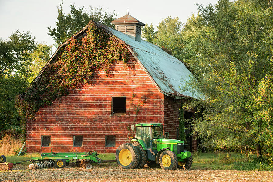 Architecture Photograph - Green Tractor and Barn - Missouri Farmhouse by Gregory Ballos
