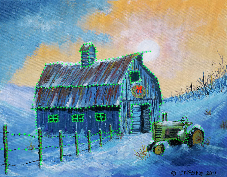 Green Tractor Christmas Painting by Jerry McElroy