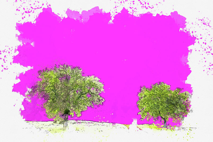 green tree on white snow covered field under purple sky, ca 2021 by Ahmet Asar, Asar Studios Painting by Celestial Images