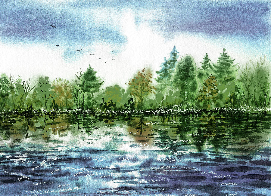 Green Trees Reflections On The Blue Lake Watercolor Landscape  Painting by Irina Sztukowski