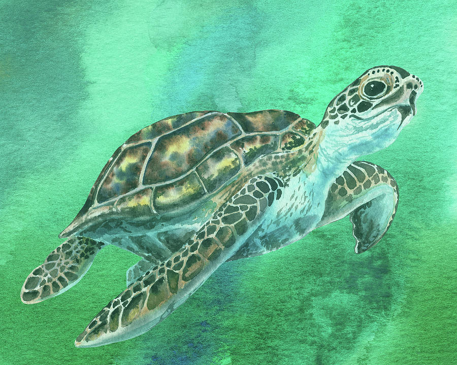 Green Turtle In Emerald Sea Watercolor Painting