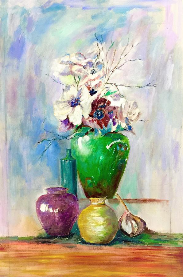Green Vase Painting by Khalid Saeed