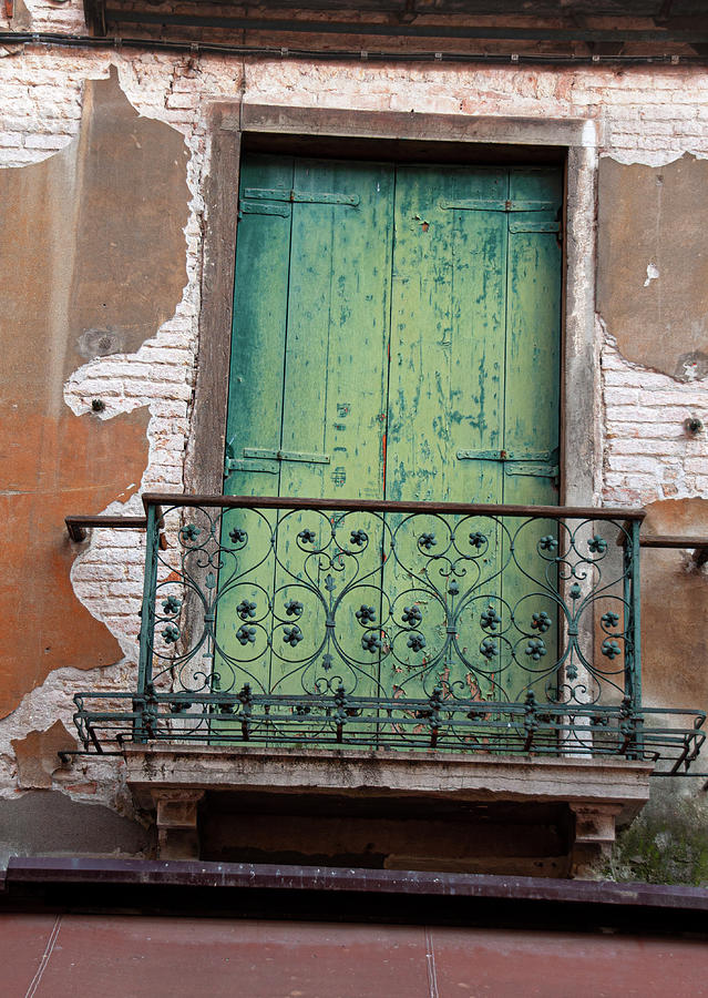 Green Venice Balcony Door - Venice, Italy Photograph by Denise Strahm