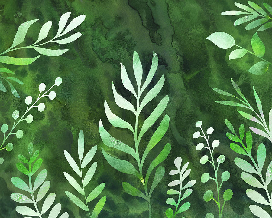 Green Watercolor Botanical Leaves Silhouettes Herb Garden I Painting by Irina Sztukowski