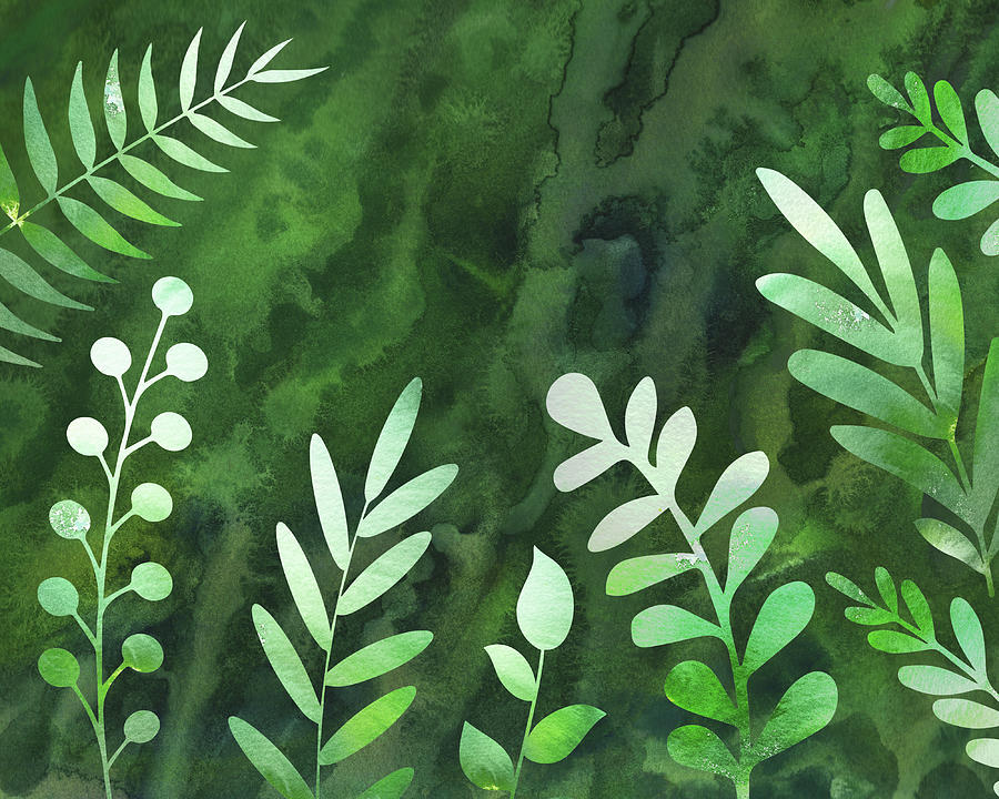 Green Watercolor Botanical Leaves Silhouettes Herb Garden II Painting by Irina Sztukowski