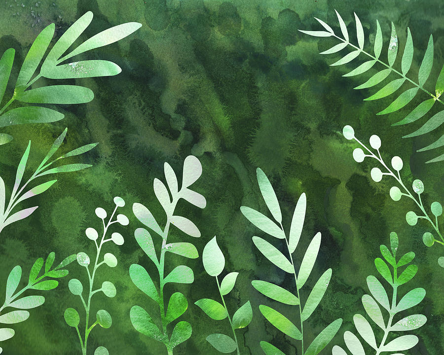 Green Watercolor Botanical Leaves Silhouettes Herb Garden III Painting by Irina Sztukowski