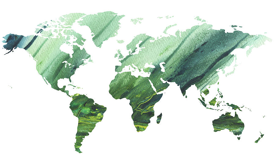Green Watercolor Map Of A Beautiful World  Painting by Irina Sztukowski