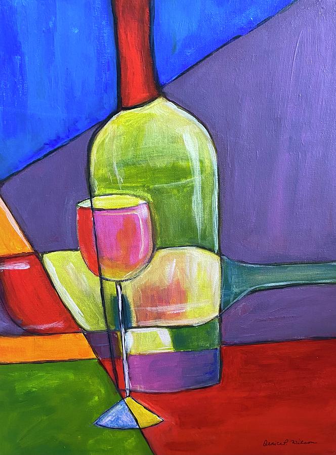 Green Wine Bottle and Glass Painting by Denice Palanuk Wilson