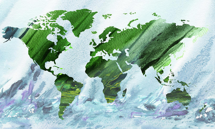 Green World Blue Ocean Watercolor Map Painting by Irina Sztukowski