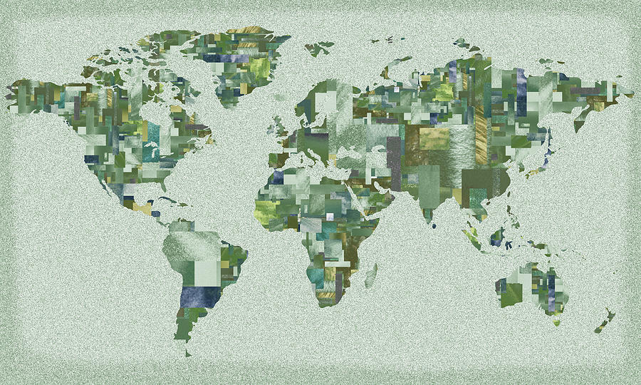 Green World Map Watercolor Blocks Silhouette  Painting by Irina Sztukowski