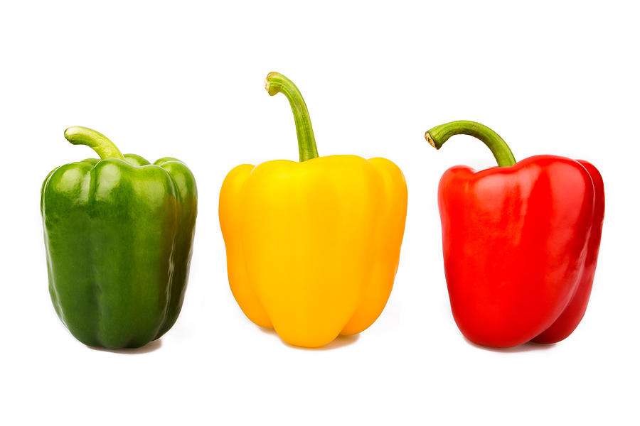 Green, yellow and red bell peppers isolated on white background Photograph by Yevgen Romanenko