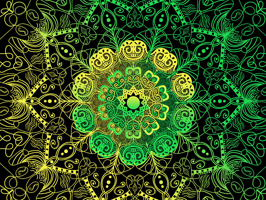 Green, yellow mandala hand drawn on black background filling the whole  frame in abstract, artistic design. Drawing by Julien - Pixels