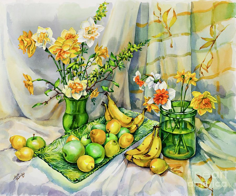 Green Yellow Still Life with Daffodils Painting by Maria Rabinky