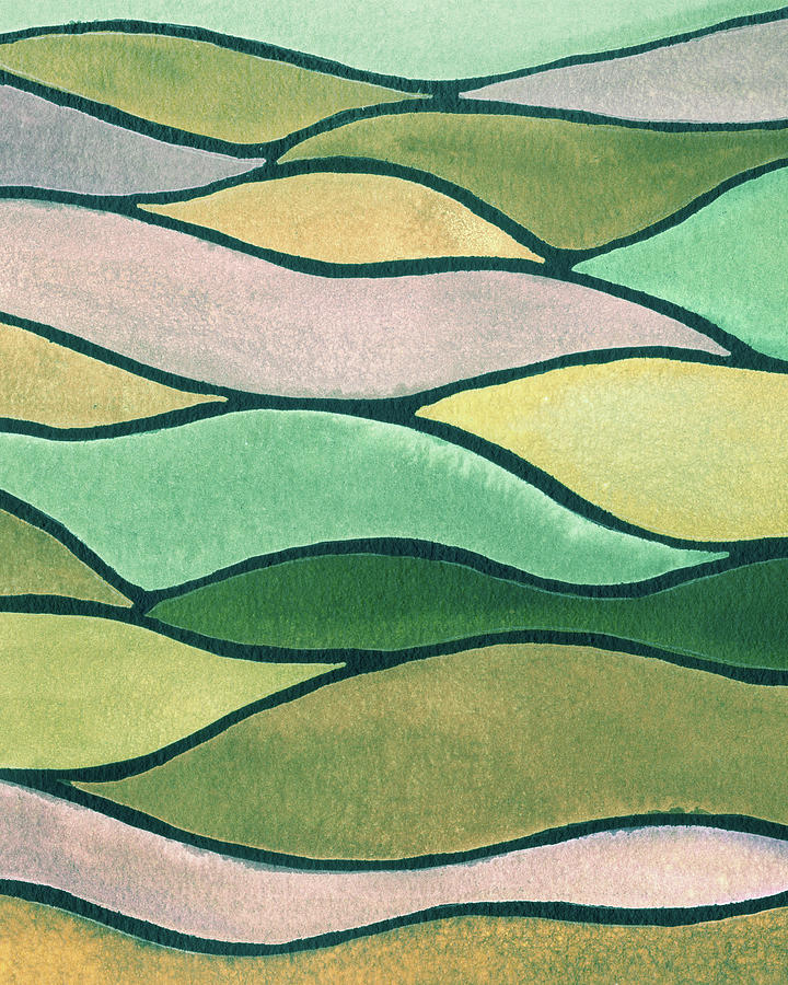 Green Yellow Warm Hills Abstract Watercolor Batik Style Painting