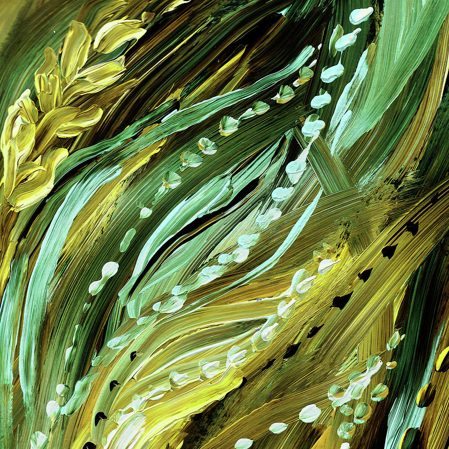 Green Yellow Wind Organic Leaves And Flowers Abstract Decor  Painting by Irina Sztukowski