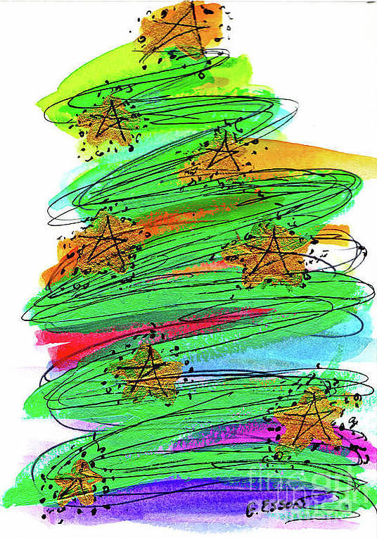 Green Zigzag Christmas Tree With Stars Painting by Genevieve Esson