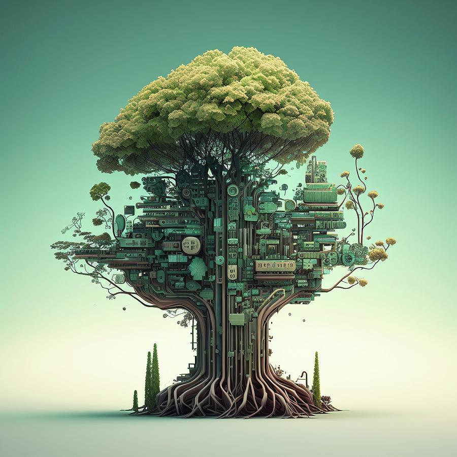 Greener Future, Trees and Tech Working Together Painting by Constantin 