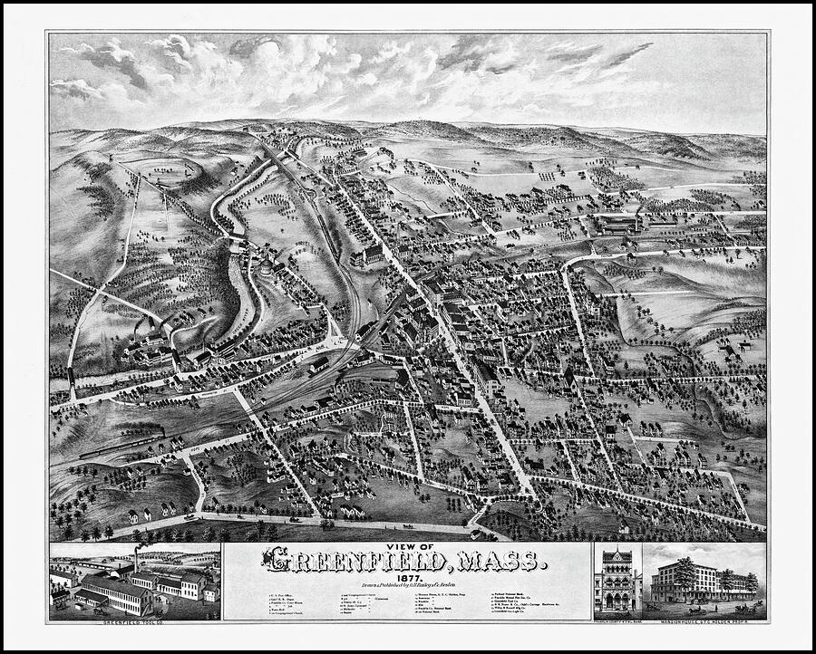 Greenfield Massachusetts Vintage Map Birds Eye View 1877 Black and ...