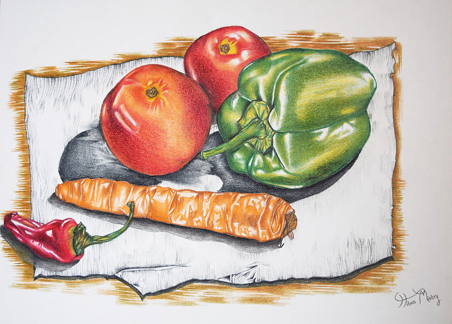 Still Life Drawing - Greens And Reds by Hiten Mistry