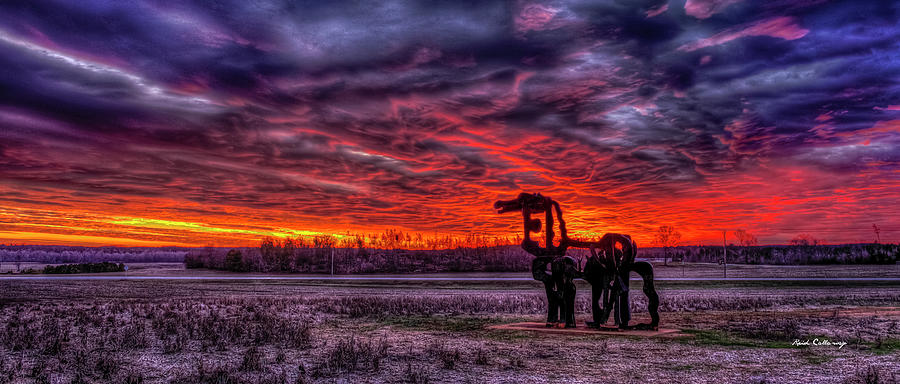 Greensboro Ga The Iron Horse Sculpture Fiery Sunset Farming Landscape Architectural Art Photograph