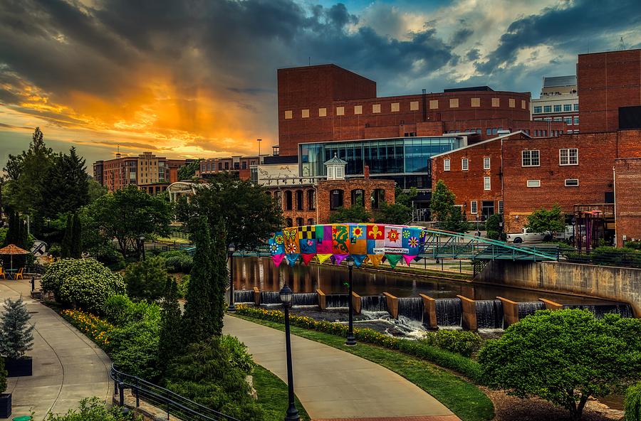 City Photograph - Greenville Riverwalk At Sunset by Mountain Dreams
