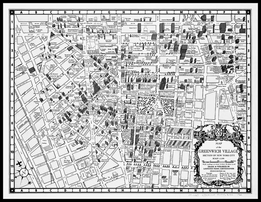 Greenwich Village New York Vintage Map 1961 Black and White Photograph ...