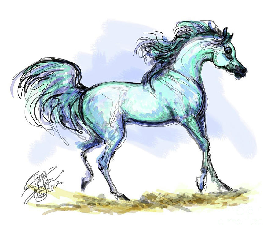 Grey Arabian Stallion Watercolor by Stacey Mayer Digital Art by Stacey Mayer