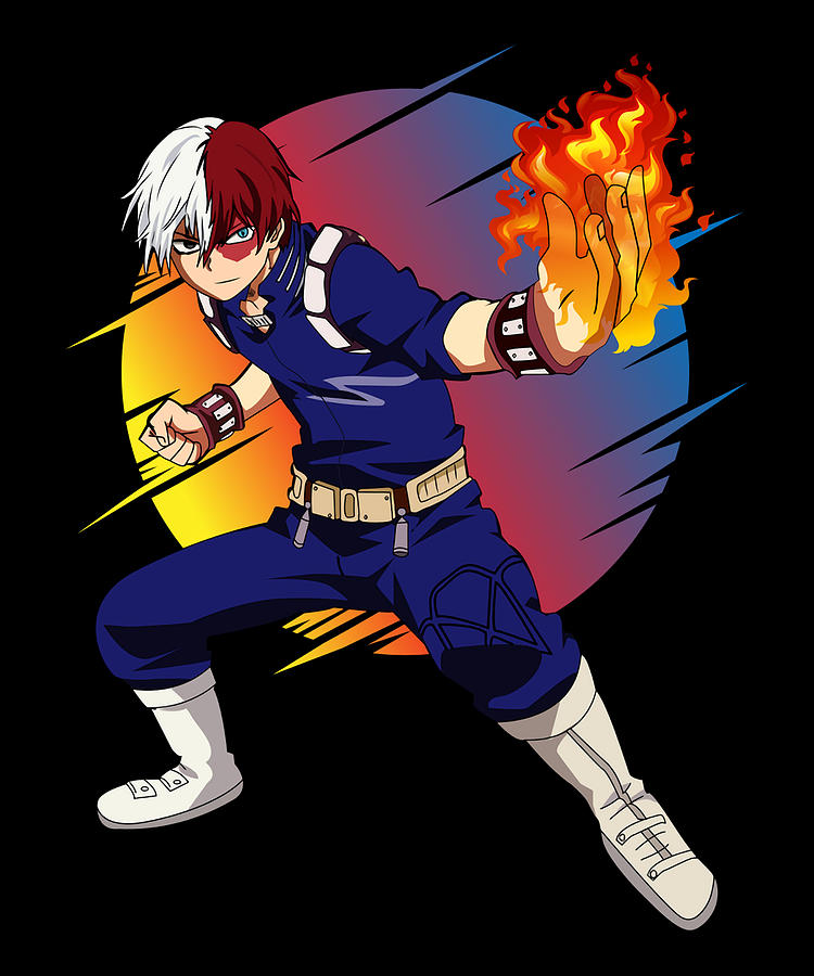 Todoroki shoto who is wearing a white t-shirt and a shirt with the left  half red and the right half white black shorts, knee socks and red sneakers  on Craiyon