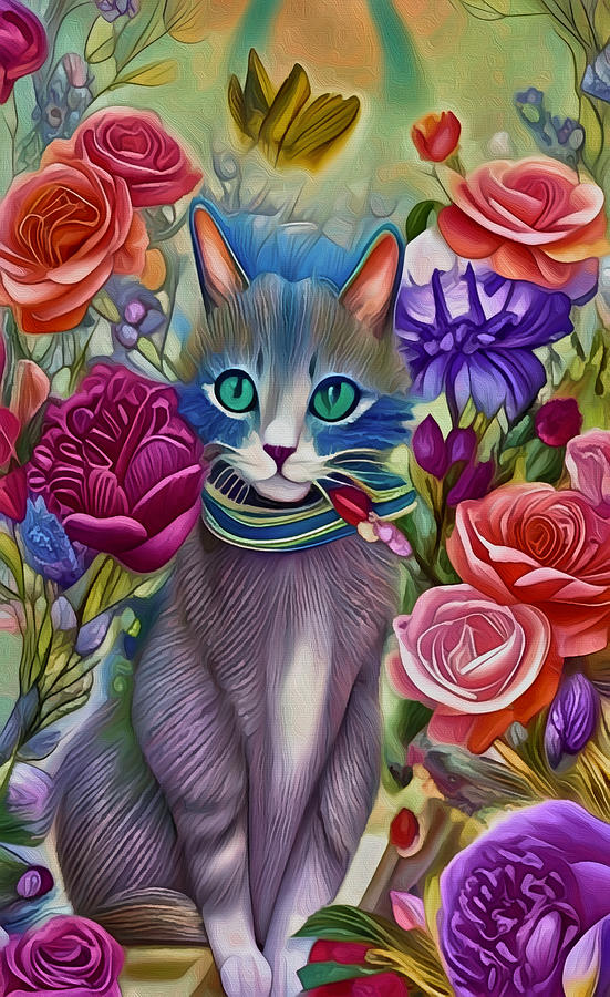 Grey Cat in Flowers Mixed Media by Ann Leech