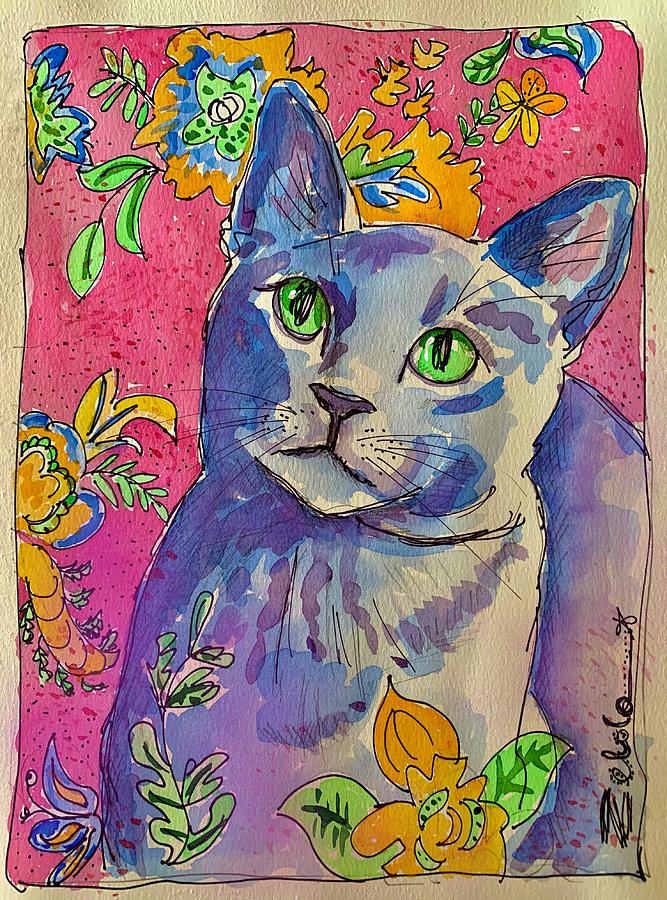 Grey Cat in Pink Painting by Zelda Tessadori