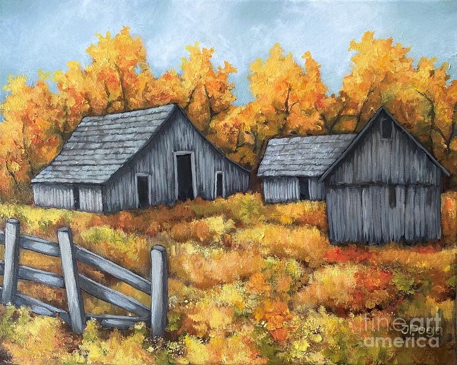 Grey country barn autumn landscape Painting by Inese Poga
