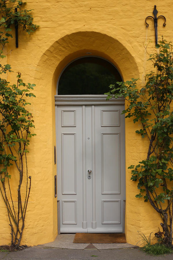 Grey door on a dark yellow house Photograph by Carolin Voelker