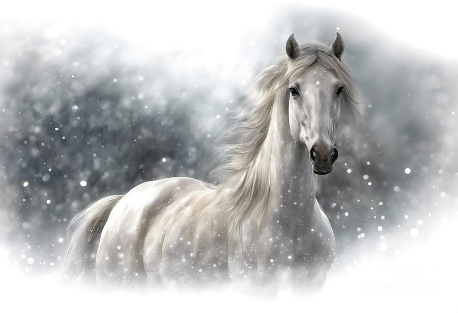 Grey Horse  in the Snow Mixed Media by Stephanie Laird
