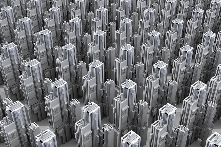 Grey skyscrapers forming an uniform city, 3D Rendering Drawing by Westend61