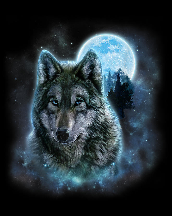Grey Wolf Hunting Ground, Icy Moon, Forest, Galaxy Digital Art by Frank ...